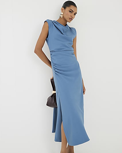 Blue Cowl Neck Sleeveless Midi Dress
