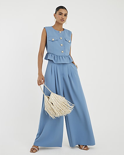 Blue Pleated Wide Leg Trousers