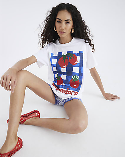 White Short Sleeve Gingham Pomodoro T-shirt