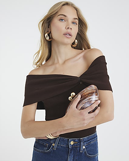 Brown Knit Bardot Top