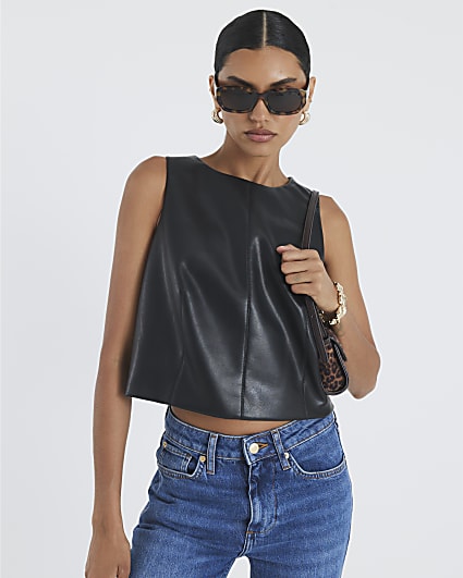 Black Faux Leather Sleeveless Top