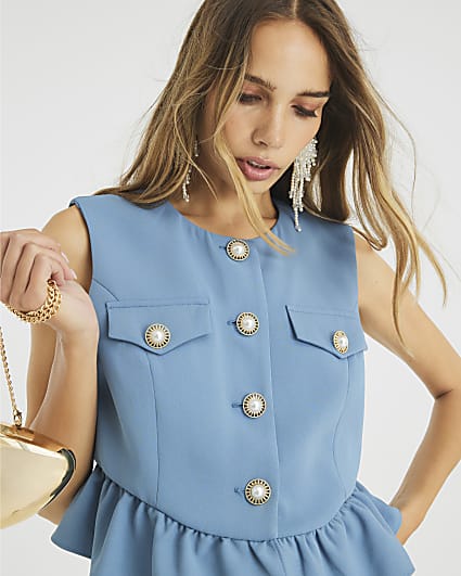 Blue Frill Hem Tailored Top
