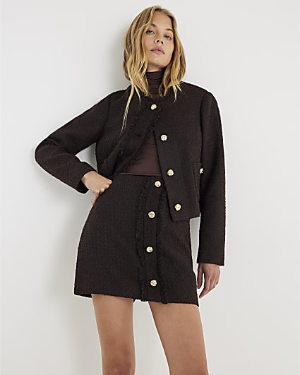 Brown Boucle Button Front Mini Skirt