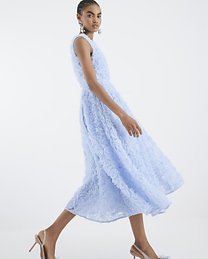 Blue 3D Floral Occasion Midi Dress