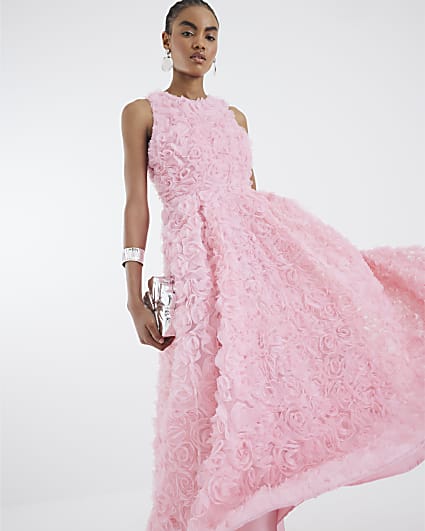 Pink 3D Floral Occasion Midi Dress
