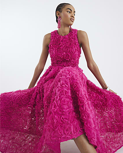 Pink 3D Floral Occasion Midi Dress