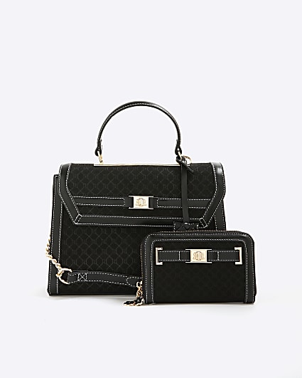 Black Faux Suede Monogram Tote Bundle Bag