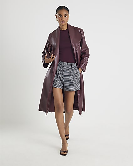Red Faux Leather Belted Wrap Coat