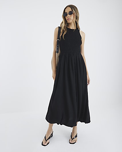 Black Shirred Bubble Hem Midi Dress