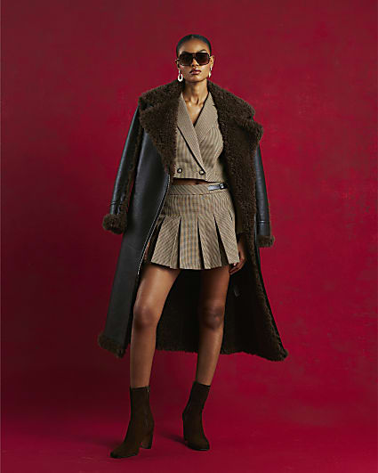 Brown Dogtooth Buckle Kilted Skort