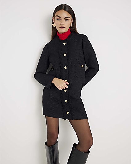 Black Boucle Button Front Mini Skirt