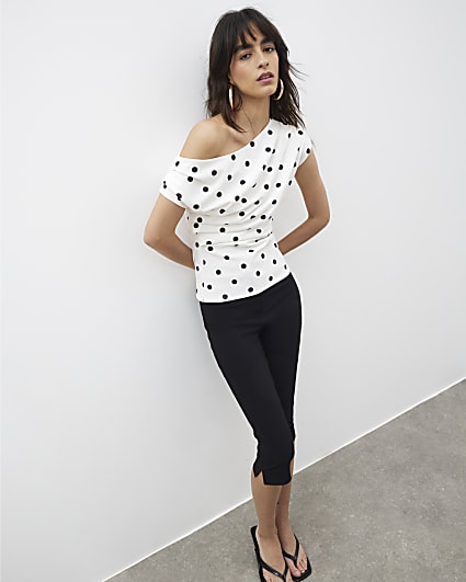 Cream Polka Dot Drape Scuba Top