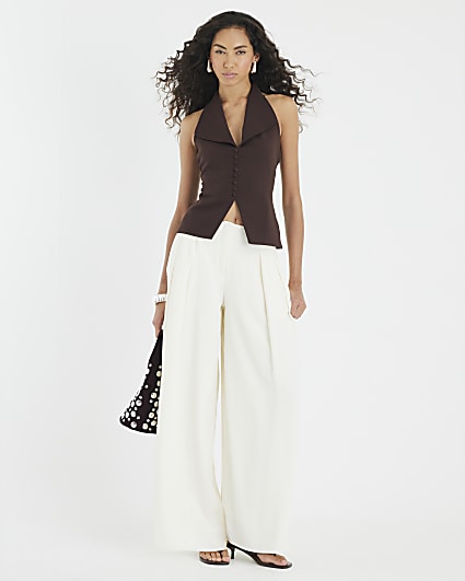 Brown Sleeveless Halter Neck Waistcoat