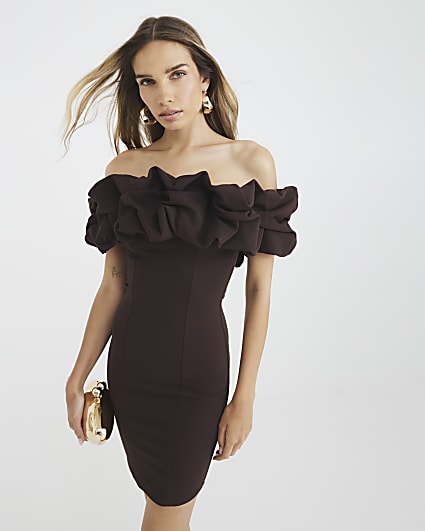 Brown Bardot Ruffle Mini Dress