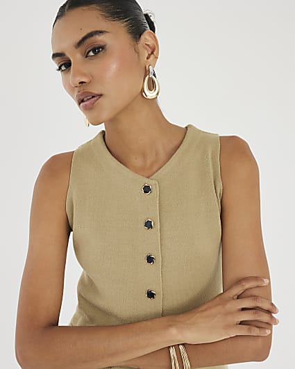 Khaki Knitted Longline Waistcoat