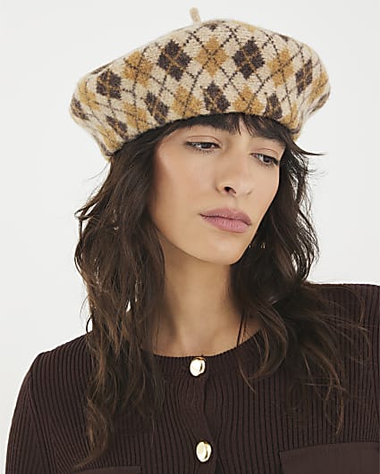 Beige Wool Argyle Beret