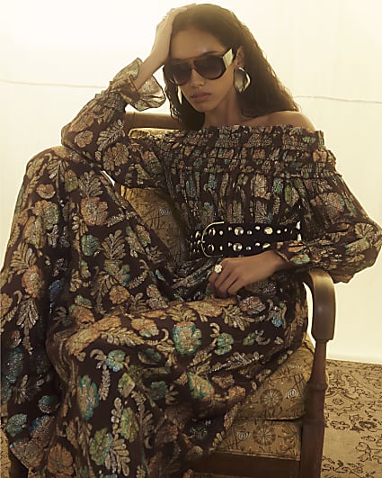 Brown Long Sleeve Floral Maxi Dress