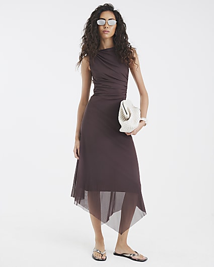 Brown Sleeveless Ruched Mesh Midi Dress