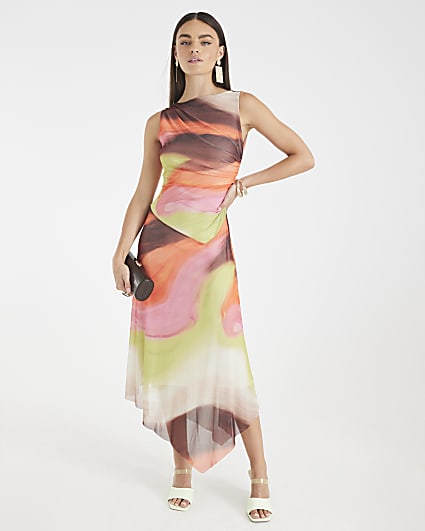 Brown Mesh Sleeveless Ruched Midi Dress