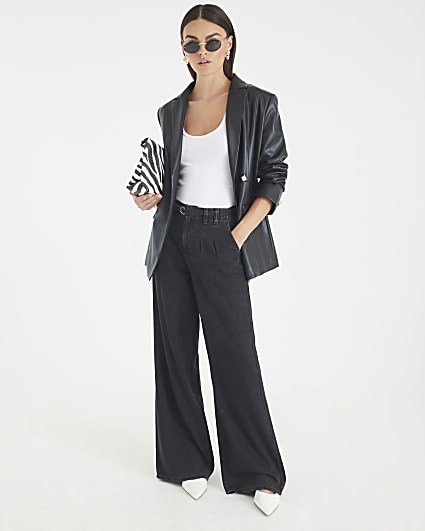 Black Mid Rise Wide Leg Tie Front Jeans