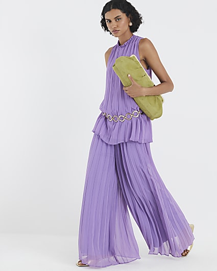 Purple Plisse Wide Leg Trousers