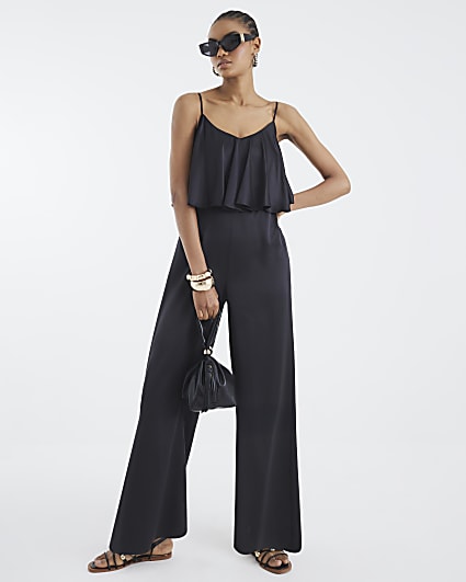 Black Satin Sleeveless Frill Jumpsuit