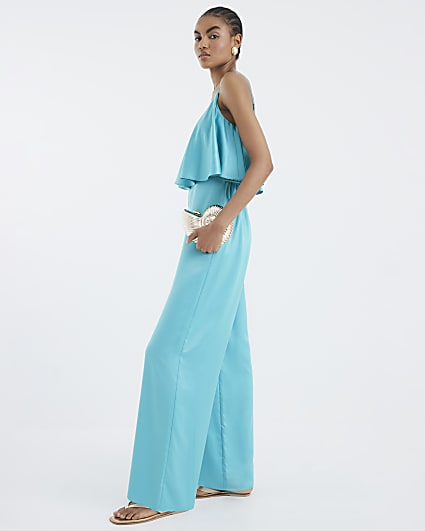 Blue Satin Sleeveless Frill Jumpsuit