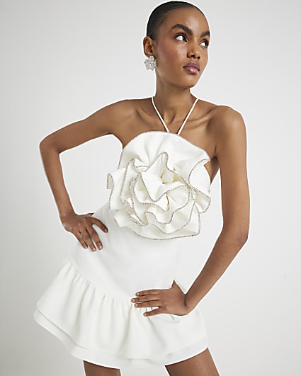White 3D Flower Embellished Mini Dress
