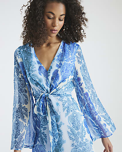 Blue Long Sleeve Tie Front Paisley Mini Dress