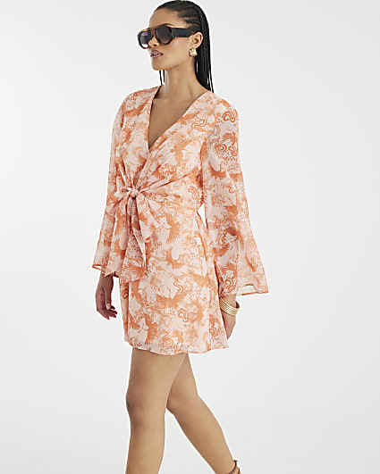 Pink Long Sleeve Tie Front Mini Dress