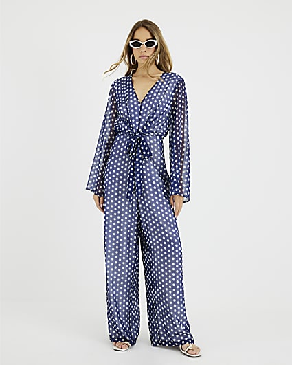 Navy Polka Dot Tie Front Jumpsuit