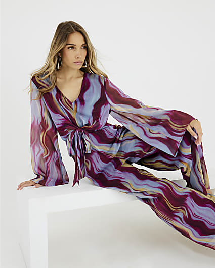 Brown Abstract Print Tie Front Jumpsuit