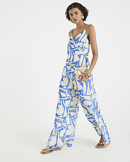 Blue Sleeveless Printed Jumpsuit