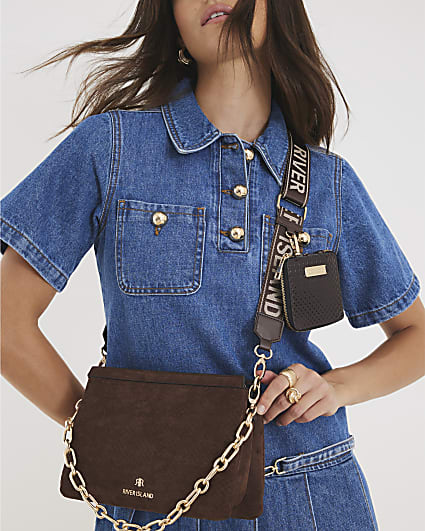Brown Faux Suede Monogram Cross Body Bag