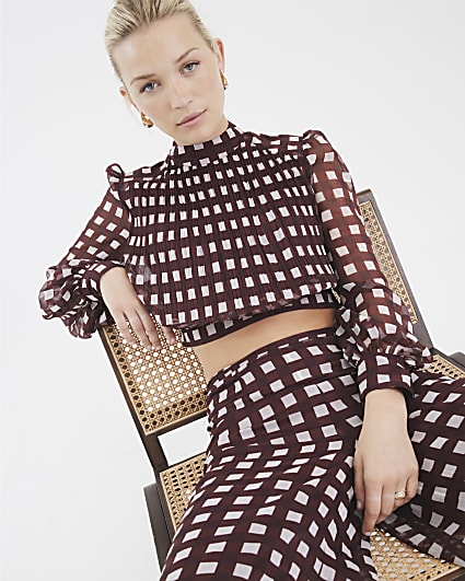 Brown Gingham Long Sleeve Crop Top