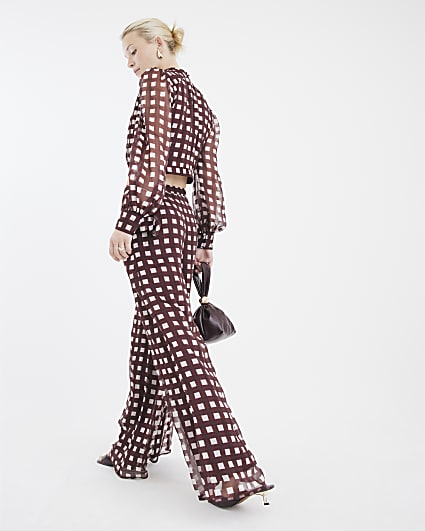 Brown Gingham Wide Leg Trousers
