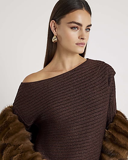 Brown Long Sleeve Glitter One Shoulder Top