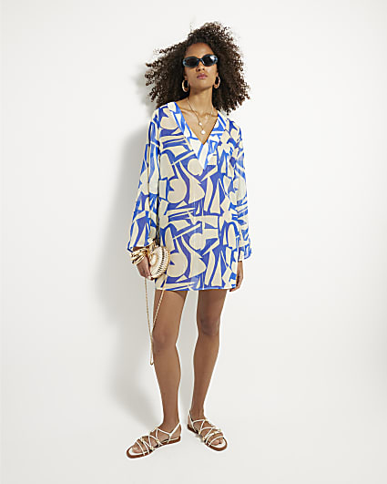 Cream Printed Long Sleeve Beach Dress