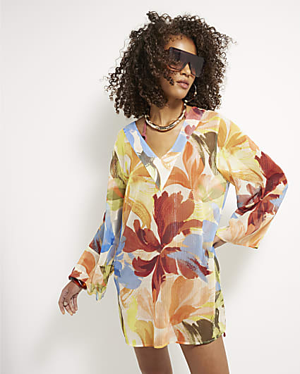 Multi Colour Printed Long Sleeve Beach Dress