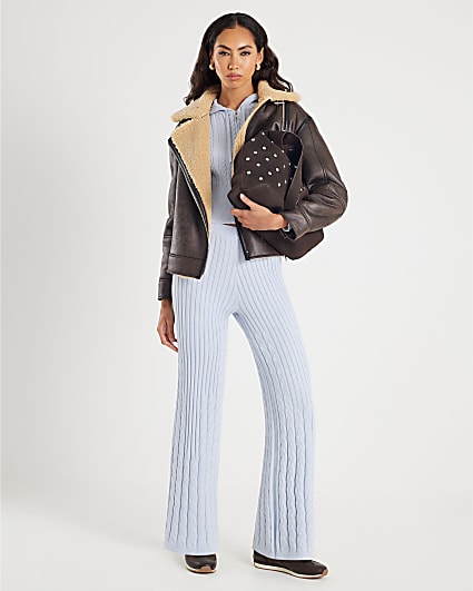 Blue Wide Leg Cable Knit Trousers