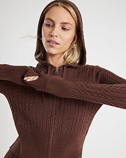 Brown Cable Knit Hoodie