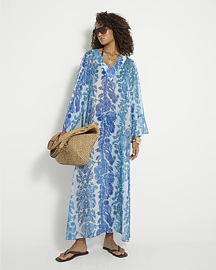 Blue Long Sleeve Paisley Maxi Tunic Dress