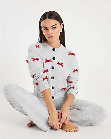 Grey Knitted Bow Detail Loungewear Set