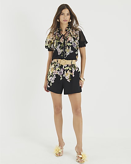 Black Short Sleeve Floral Blouse