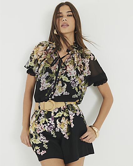 Black Floral Belted Shorts