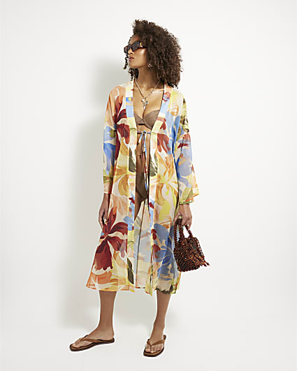 Multi Colour Abstract Print Longline Kimono