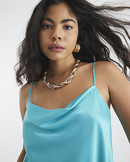 Blue Satin Cowl Neck Cami Top