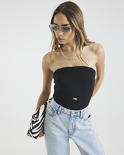 Black Ribbed Belted Bandeau Bodysuit