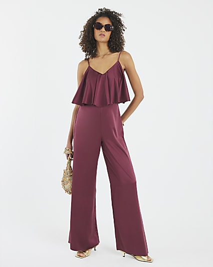 Purple Satin Sleeveless Frill Jumpsuit