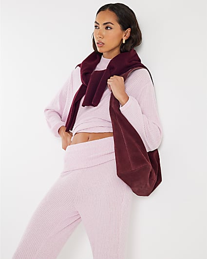 Pink Knit Batwing Sleeve Loungewear Set